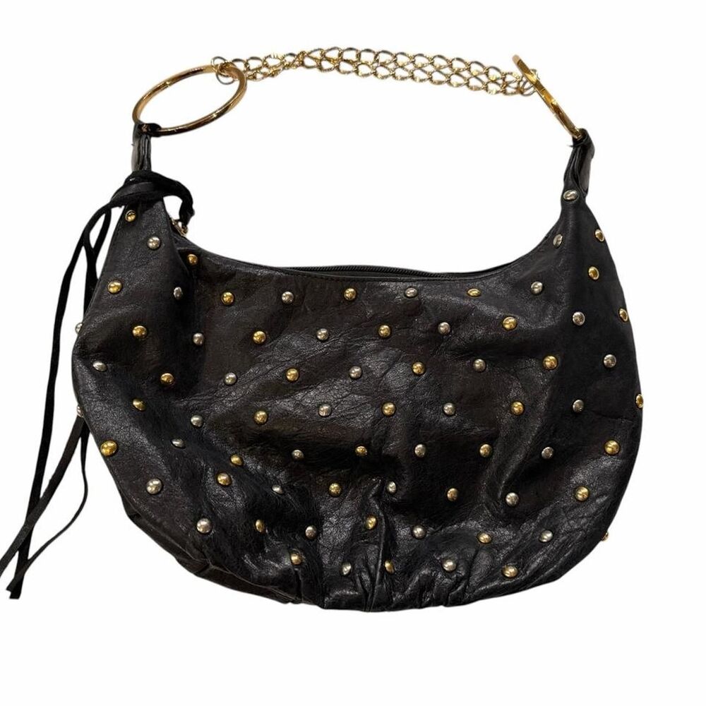 Marciano black leather studded hobo bag with gold studs